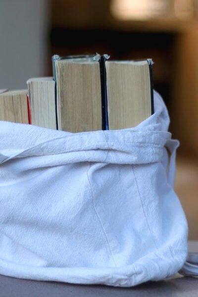 Fall in Love with Your Local Library, cloth tote bag filled with books