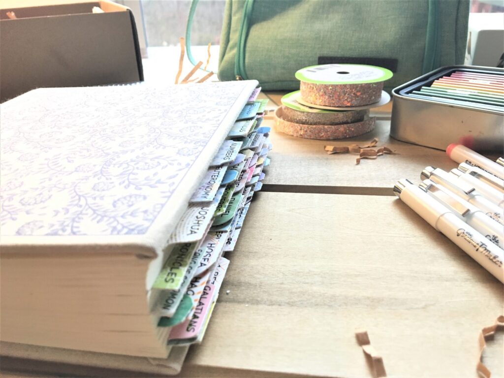 Bible journaling supplies laying on surface